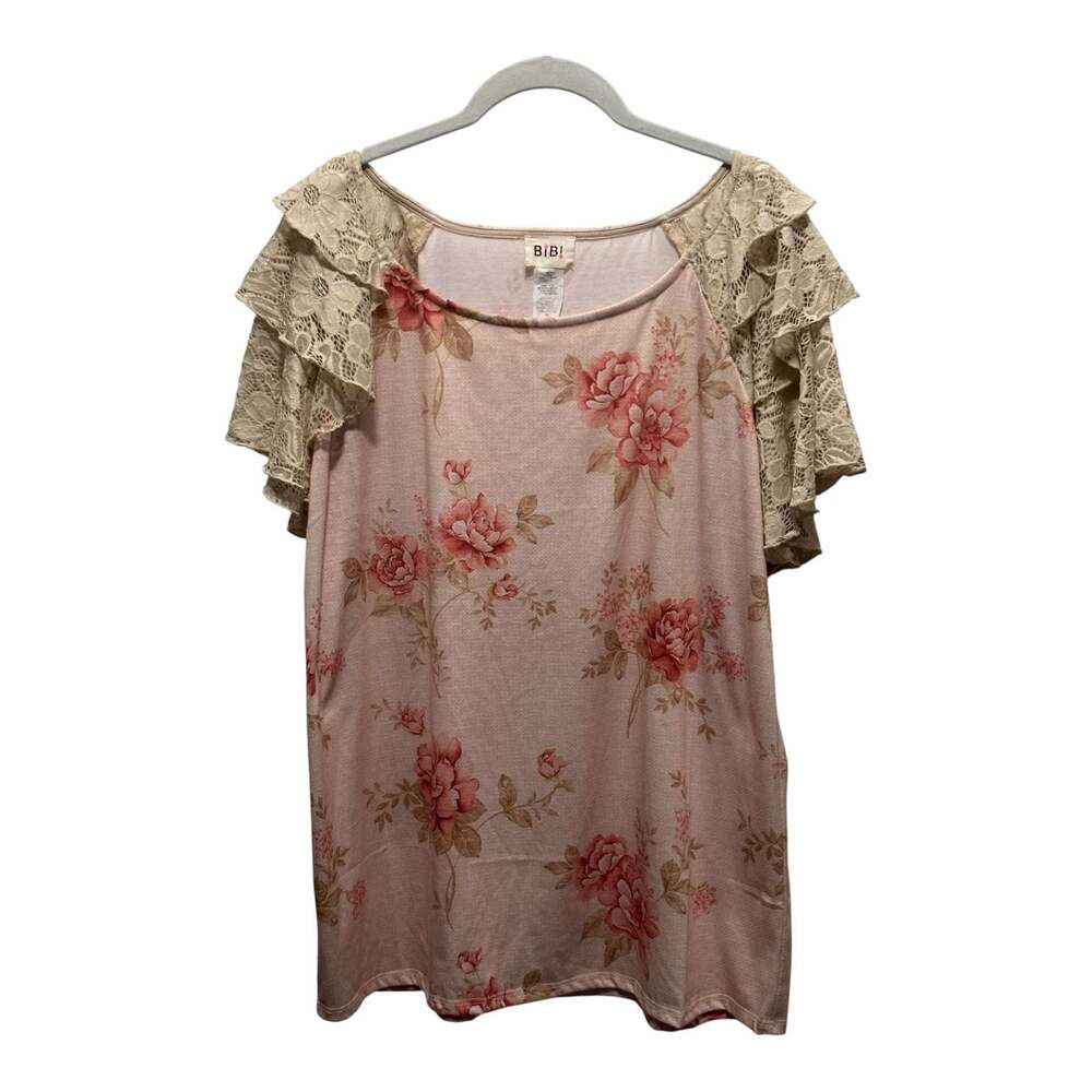 BiB! Women's Floral Print Top with Tiered Lace Sleeves Size XL